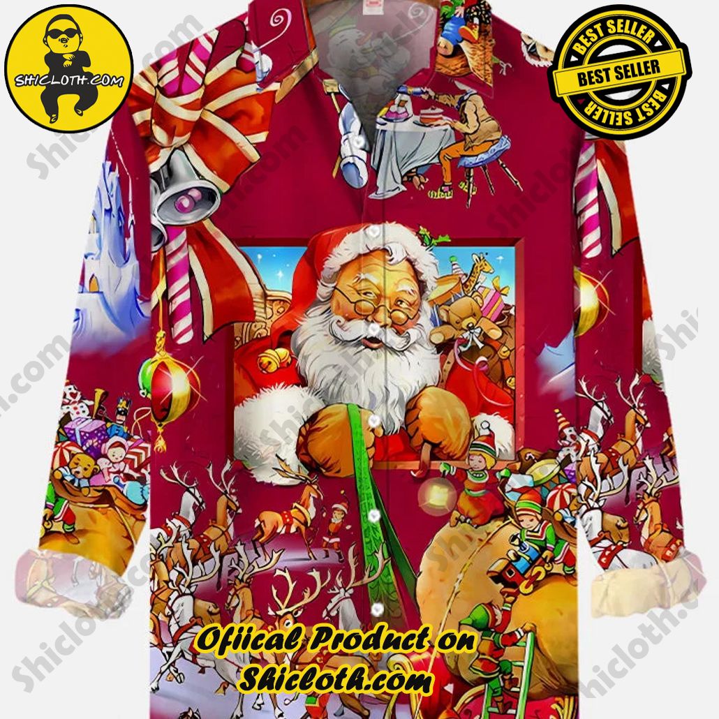 Traditional Christmas Retro Santa Claus And Goblins Poster Printing Long Sleeve Shirt