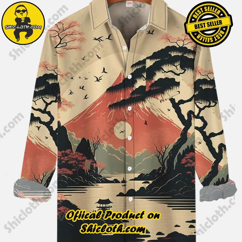 Ukiyo-E Japanese Style Retro Mount Fuji Printing Breast Pocket Long Sleeve Shirt