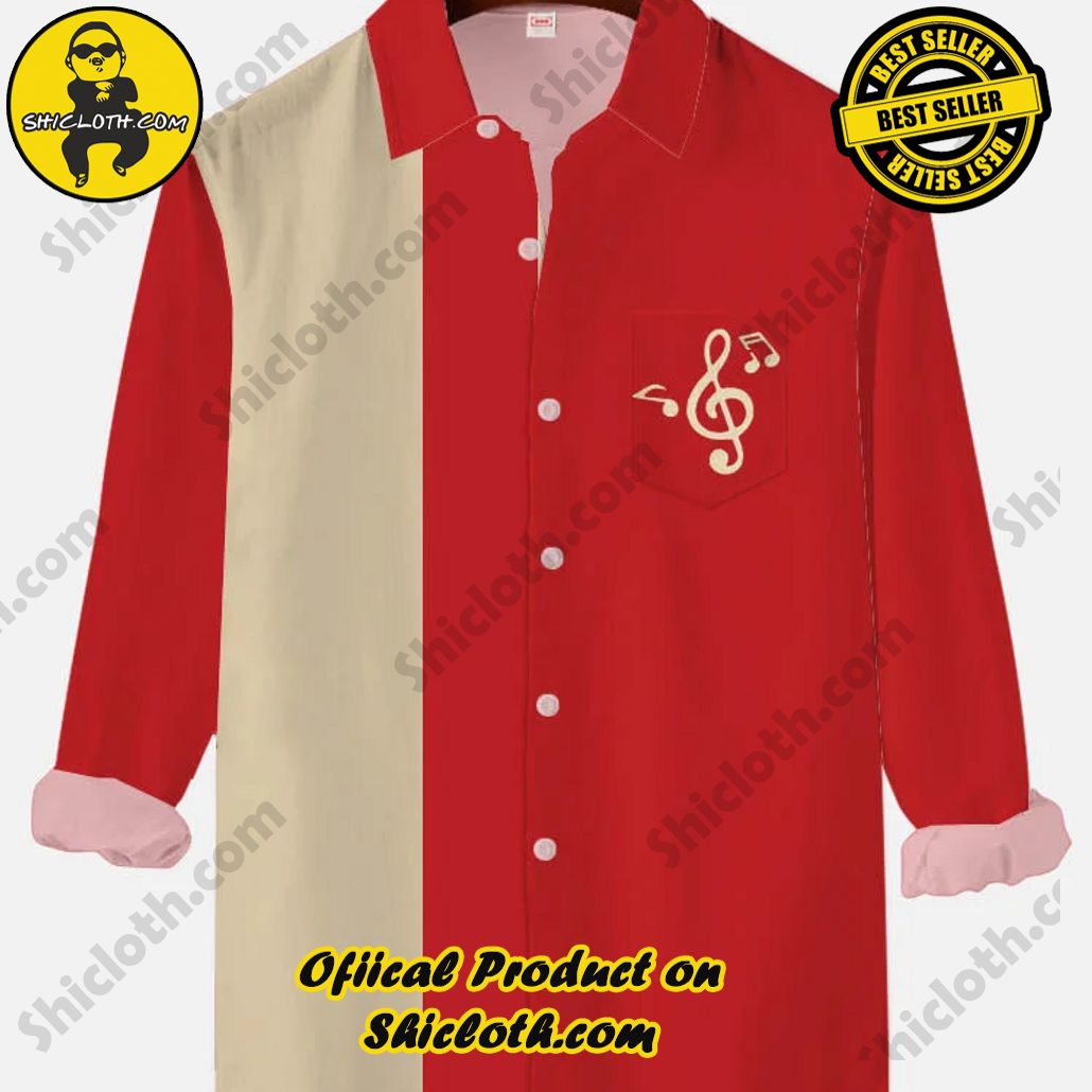 Vintage Almond And Red Stitching And Music Note Printing Men's Long Sleeve Shirt