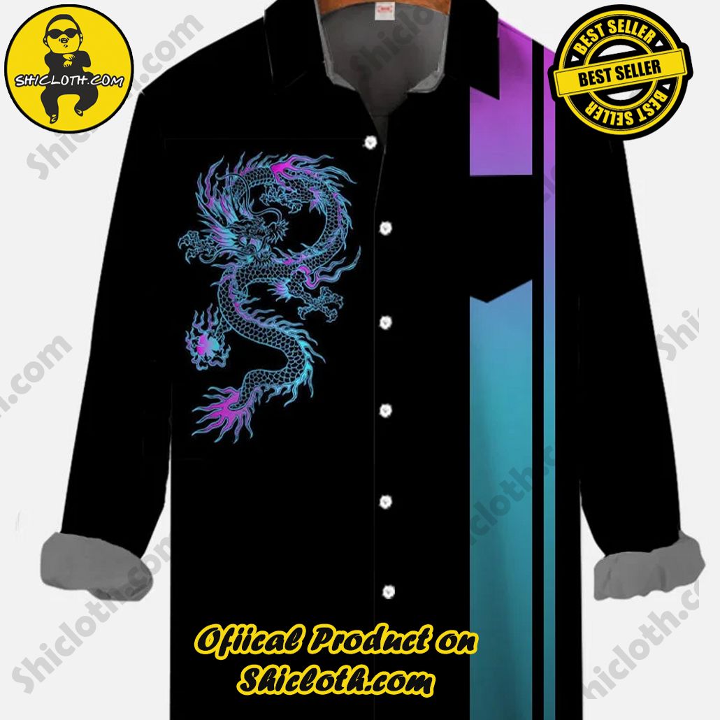 Vintage Black And Gradient Striped And Neon Dragon Totem Printing Breast Pocket Long Sleeve Shirt