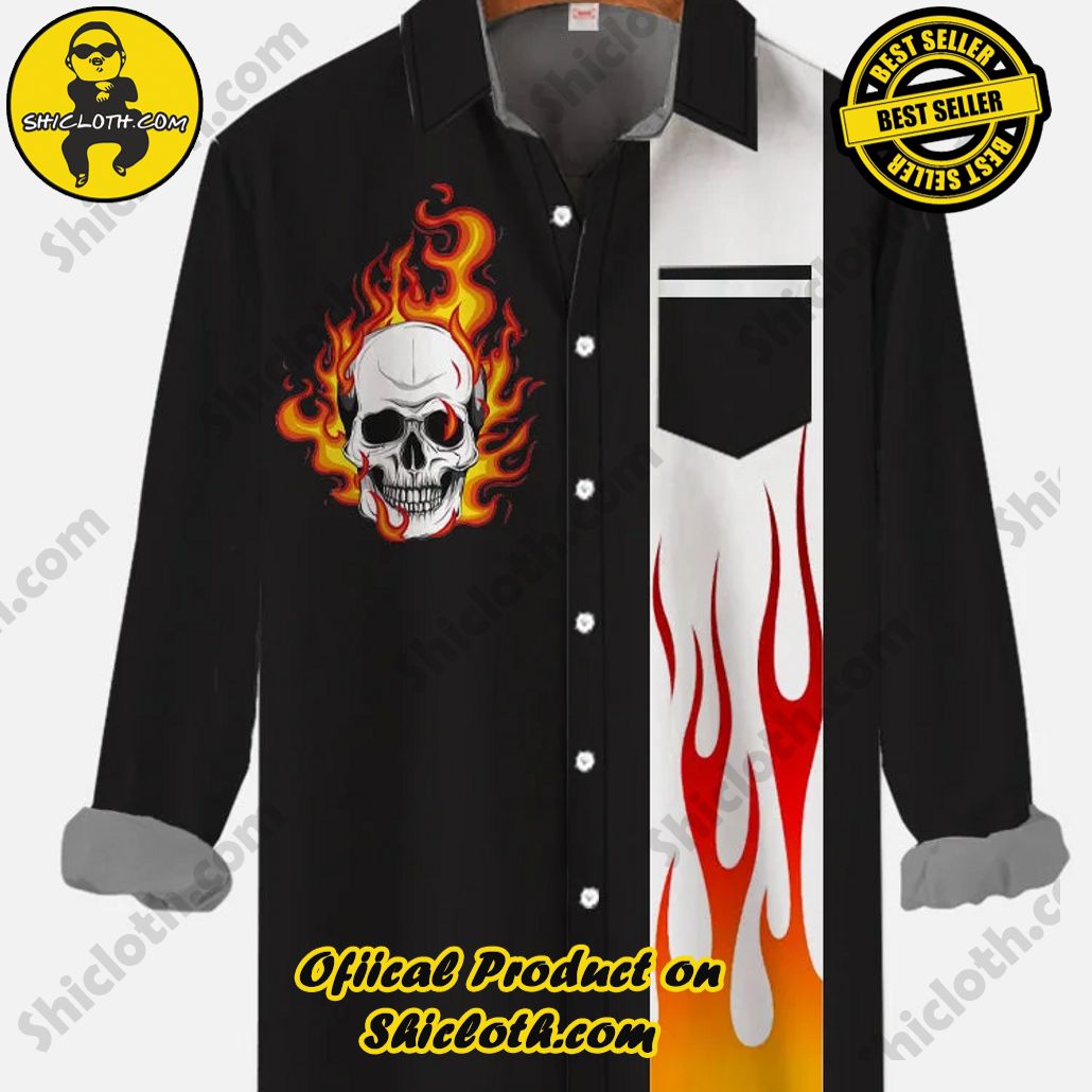 Vintage Black And White Striped Flame Skull Printing Breast Pocket Long Sleeve Shirt