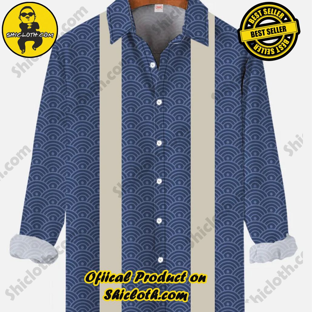 Vintage Blue And White Stitching Ukiyo-E Cloud Printing Long Sleeve Shirt