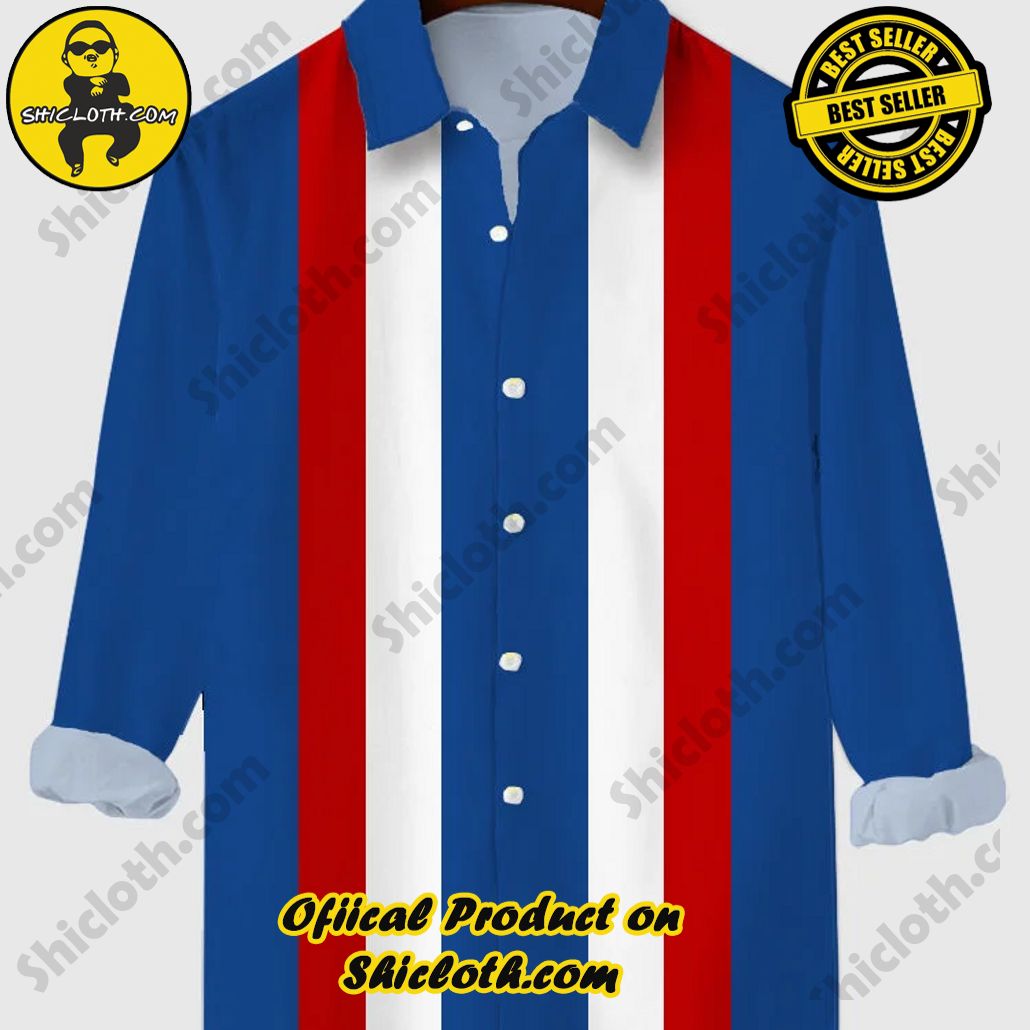 Vintage Blue & Red & White Stitching Printing Men's Long Sleeve Shirt