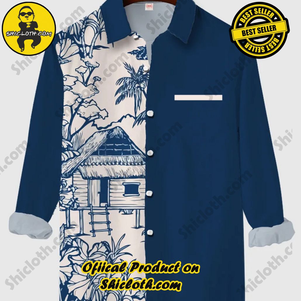 Vintage Blue Wooden House Fashion Printing Men's Long Sleeve Shirt