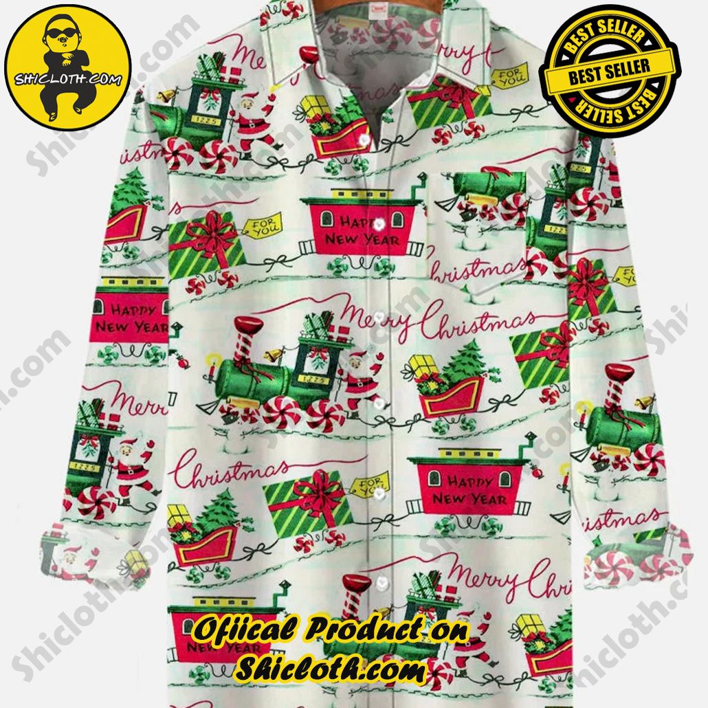 Vintage Cartoon Christmas Gift Sleigh Troupe Printing Breast Pocket Long Sleeve Shirt