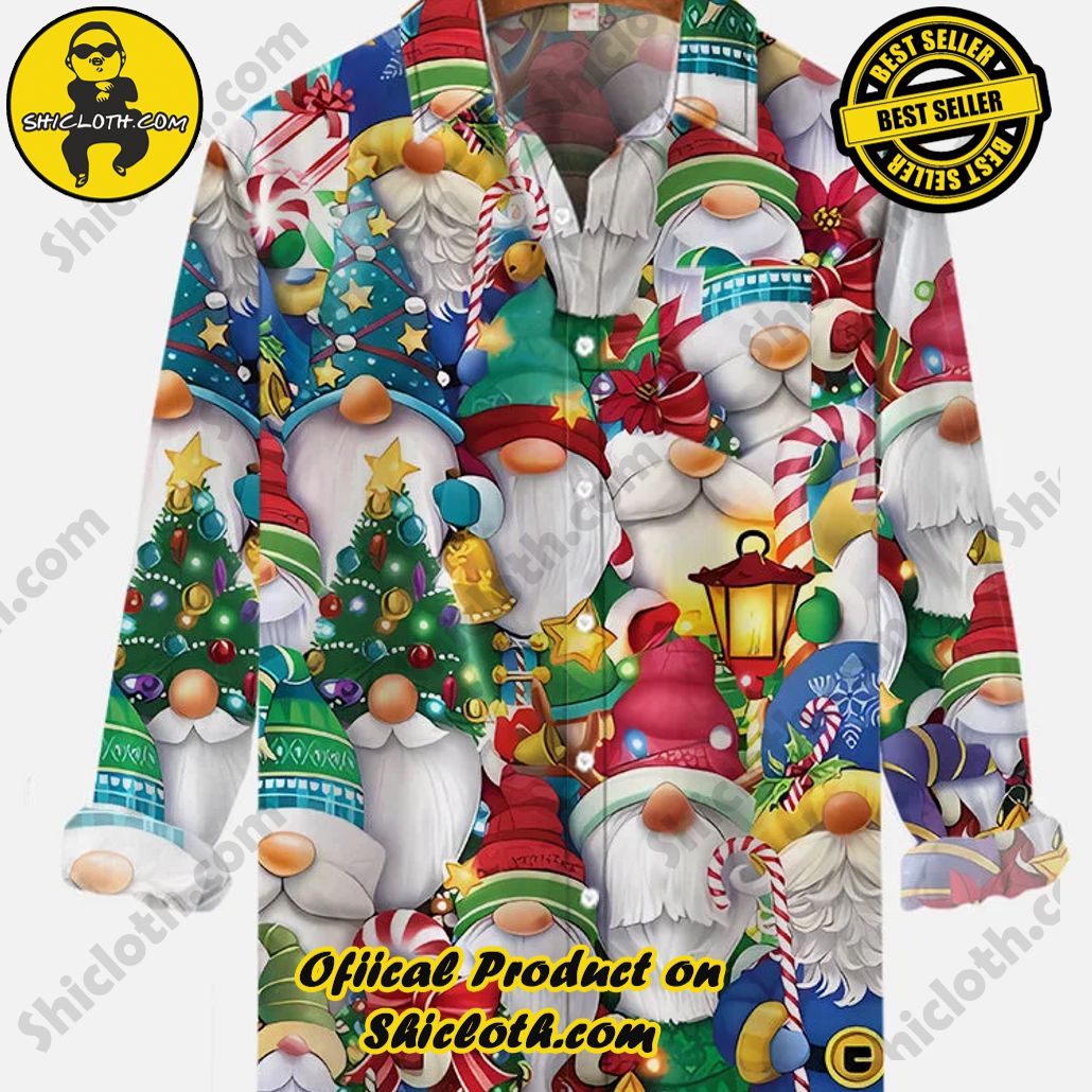 Vintage Christmas Santa Claus Little Man Printing Breast Pocket Long Sleeve Shirt