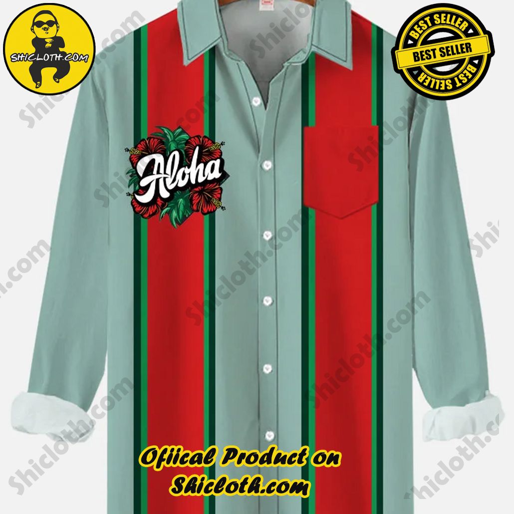 Vintage Cyan And Orange Stitching Aloha Hawaiian Bouquet Pattern Printing Breast Pocket Long Sleeve Shirt