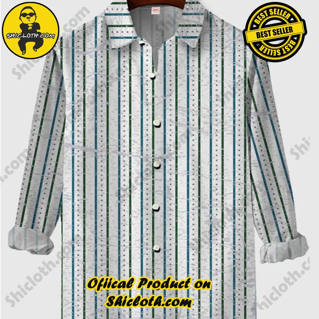 Vintage DarkCyan & Green Pinstripes Printing Men's Long Sleeve Shirt