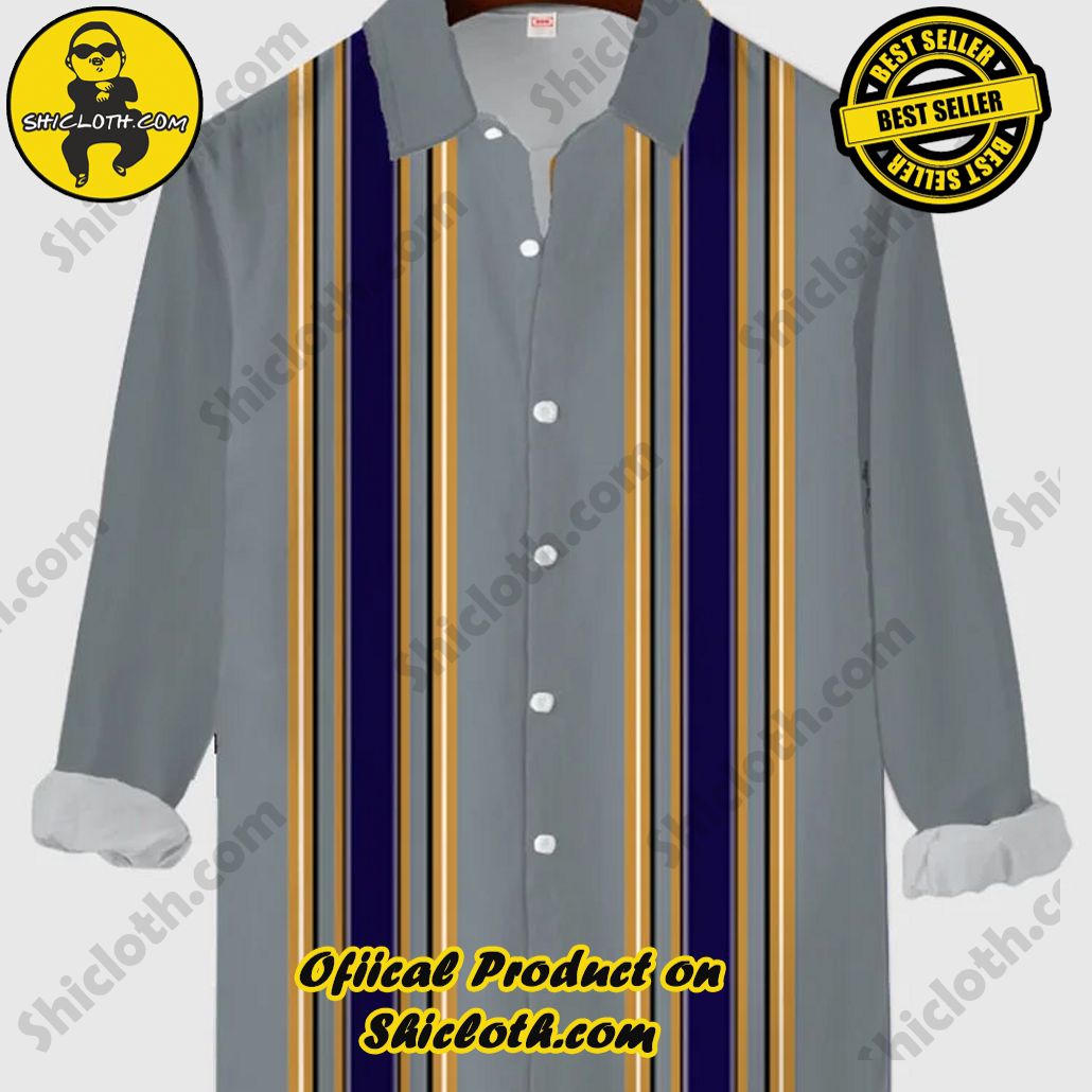 Vintage Gray, Yellow And Navy Stripe Printing Men's Long Sleeve Shirt