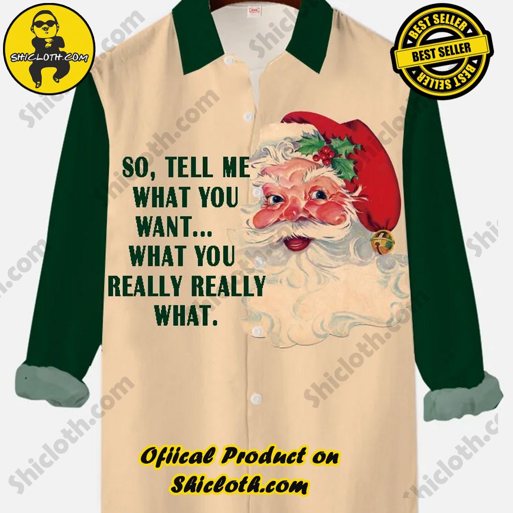 Vintage Khaki And Green Stitching Christmas Wish Funny Santa Printing Men's Long Sleeve Shirt