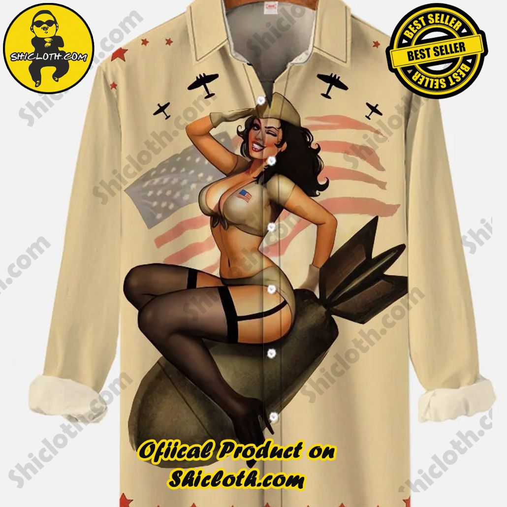 Vintage Pin Up Art American Flag Missile And Sexy Beauty Printing Long Sleeve Shirt