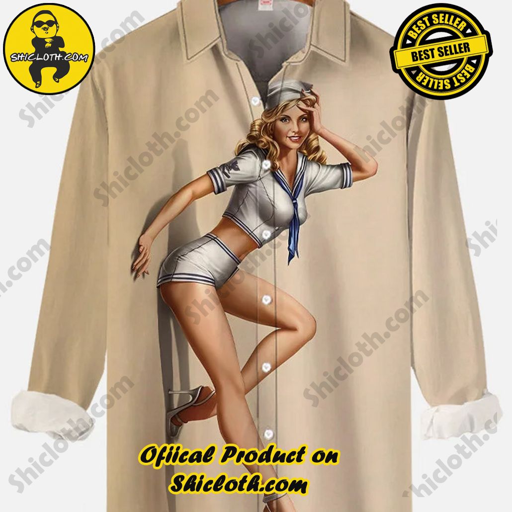 Vintage Pin Up Art Sexy Girl In White Uniform Printing Long Sleeve Shirt