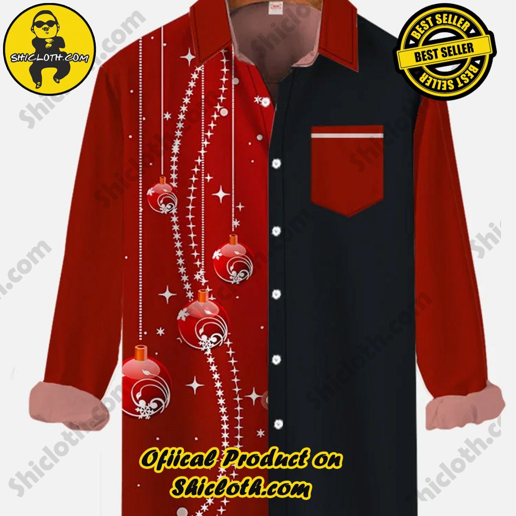 Vintage Red And Black Stitching Holiday Decorative Balls Printing Breast Pocket Long Sleeve Shirt