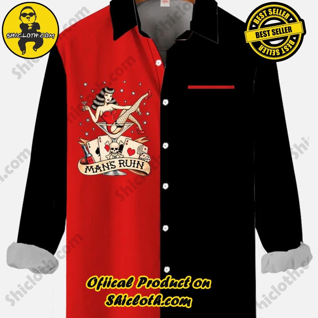 Vintage Red And Black Stitching Retro Poker, Wine Glass And Girl Printing Breast Pocket Long Sleeve Shirt