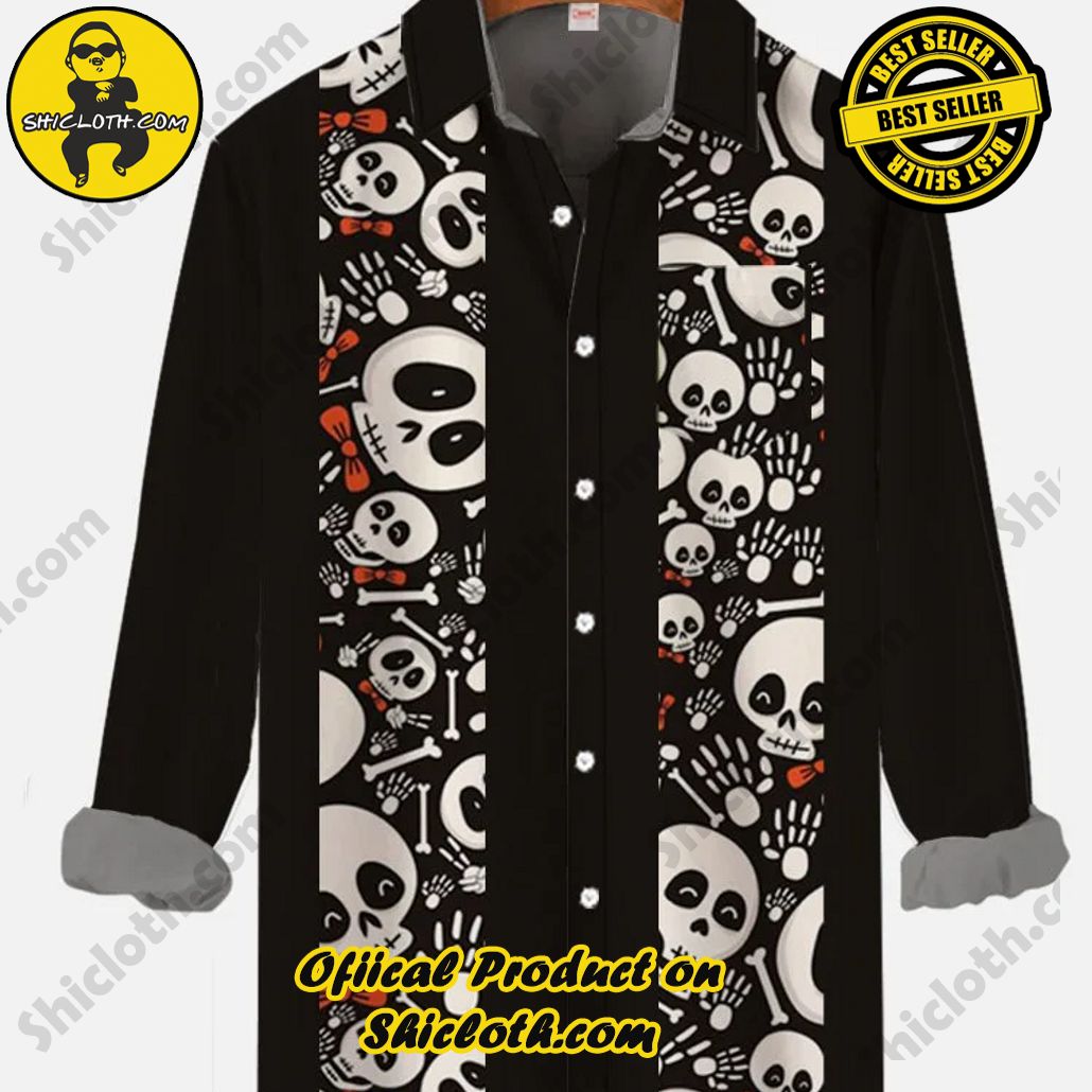 Vintage Style Black And Halloween Horror Stacked Skulls Printing Long Sleeve Shirt
