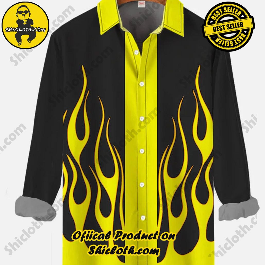 Yellow Burning Fire Flame Black Yellow Contrasting Color Printing Long Sleeve Shirt