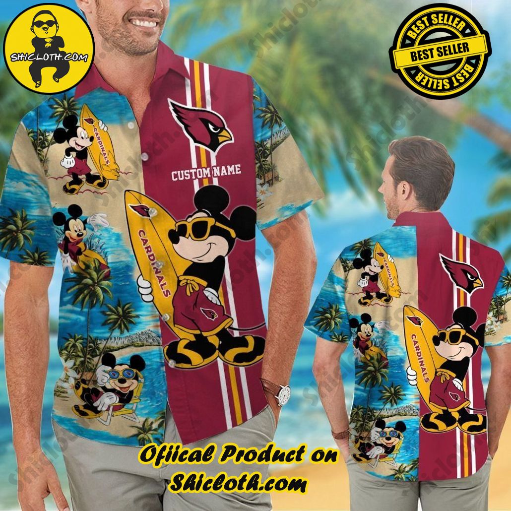 Arizona Cardinals Mickey Name Personalized Short Sleeve Tropical Hawaiian Shirt