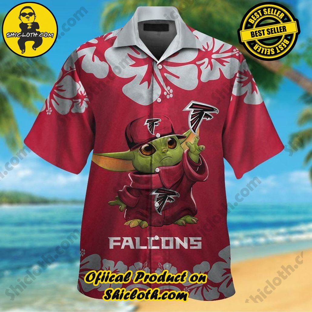 Atlanta Falcons Baby Yoda Short Sleeve Button Up Tropical Hawaiian Shirt
