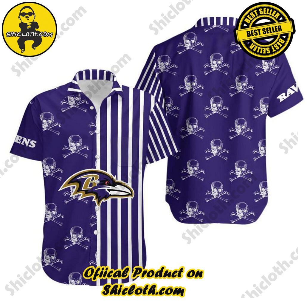 Baltimore Ravens Stripes And Skull Hawaii Shirt And Shorts Summer Collection Trendy Aloha