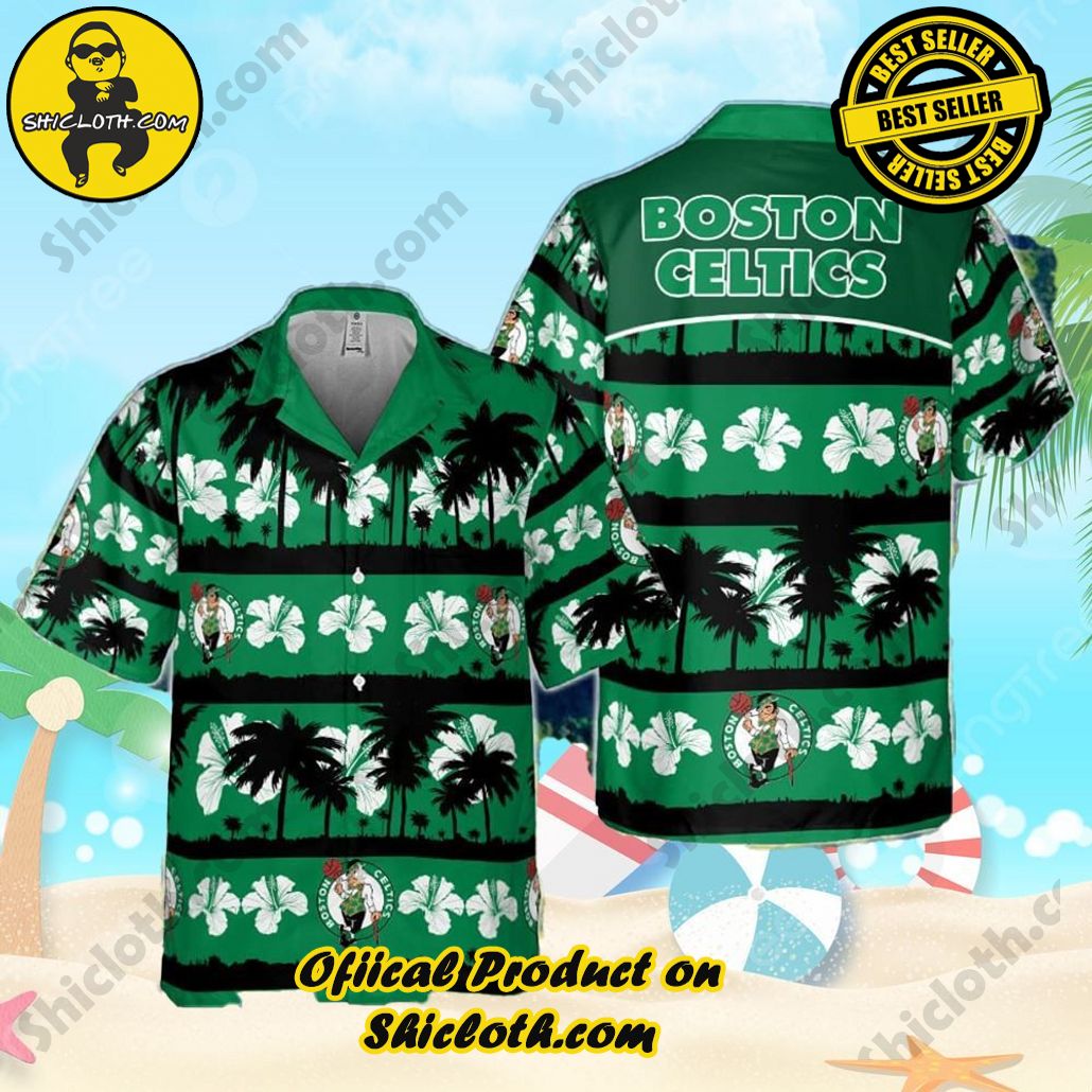 Boston Celtics White Hibiscus Flower On Green Background Print Hawaiian Shirt