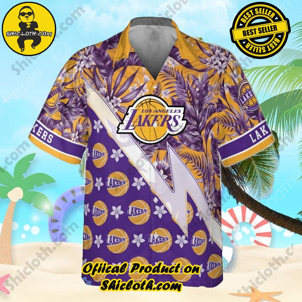 Los Angeles Lakers Tropical And Basketball Pattern Print Hawaiian Shirt Los Angeles Lakers Tropical And Basketball Pattern Print Hawaiian Shirt