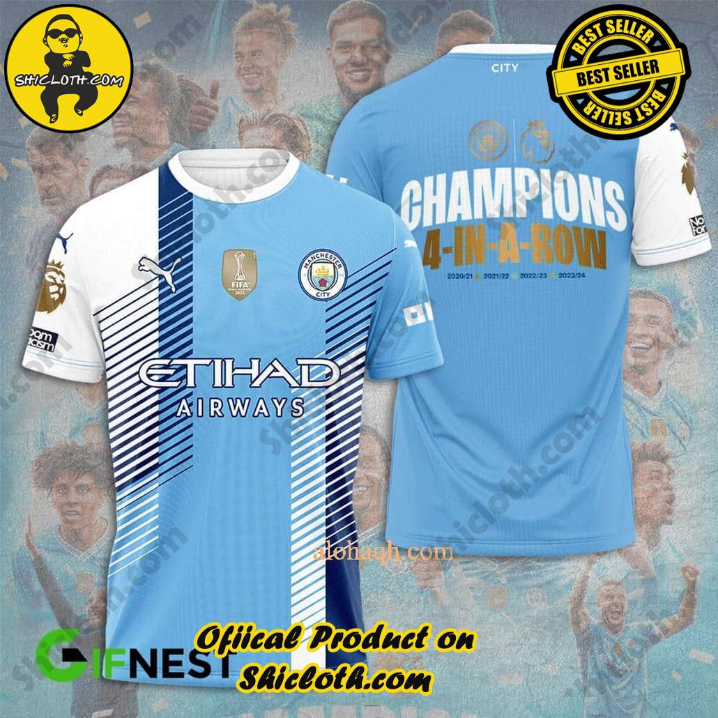Manchester City Champions 4 In A Row 2020-2024 3D T-Shirt