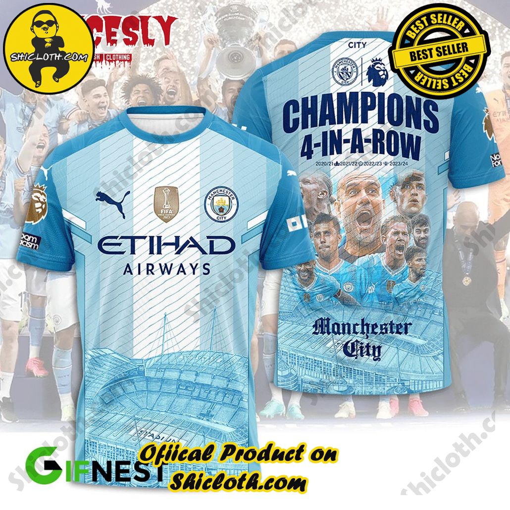 Manchester City Champions 4 IN A Row 2024 Hoodie T Shirt