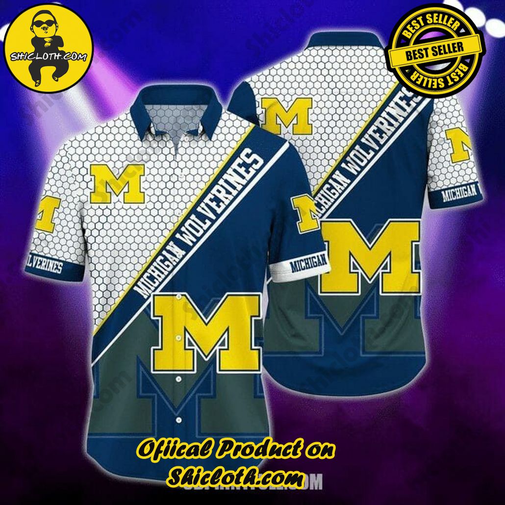 NCAA Michigan Wolverines Navy Blue White Hawaiian Shirt