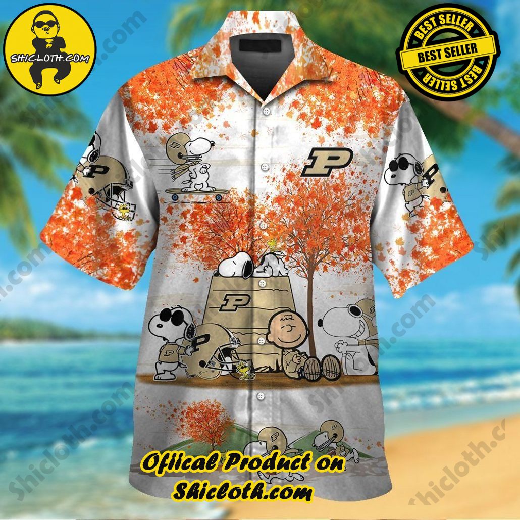 Purdue Boilermakers Snoopy Autumn Short Sleeve Button Up Tropical Hawaiian Shirt