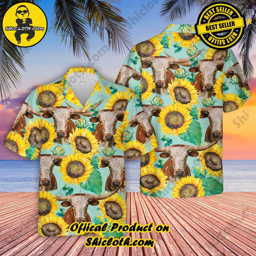 Texas Longhorn Amidst Sunflowers Farm Hawaiian Shirt Unique Print