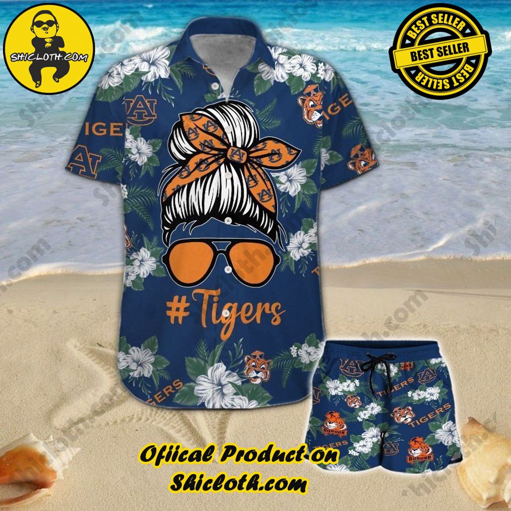 Auburn Tigers Girl Messy Bun Short Sleeve Button Up Tropical Hawaiian Shirt