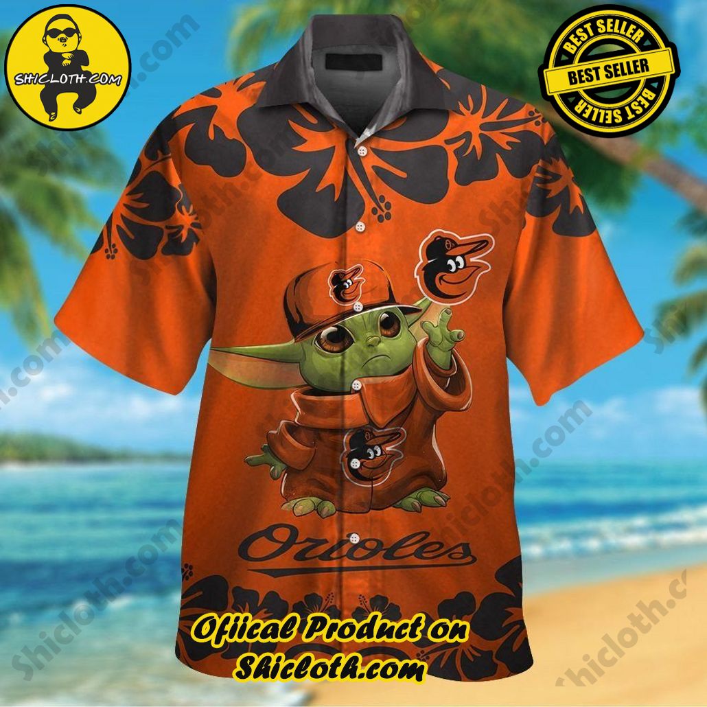 Baltimore Orioles Baby Yoda Short Sleeve Button Up Tropical Hawaiian Shirt