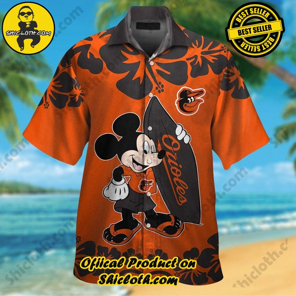 Baltimore Orioles Mickey Mouse Short Sleeve Button Up Tropical Hawaiian Shirt