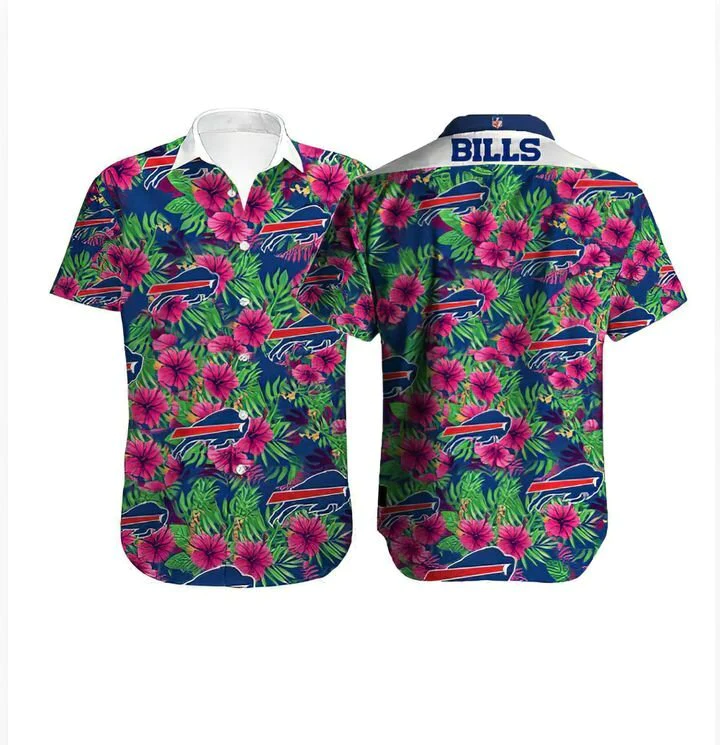 Buffalo Bills Trendy Hawaiian Shirt Buffalo Bills Hibiscus Flowers Pink Blue Hawaii Shirt Buffalo Bills Aloha Shirt