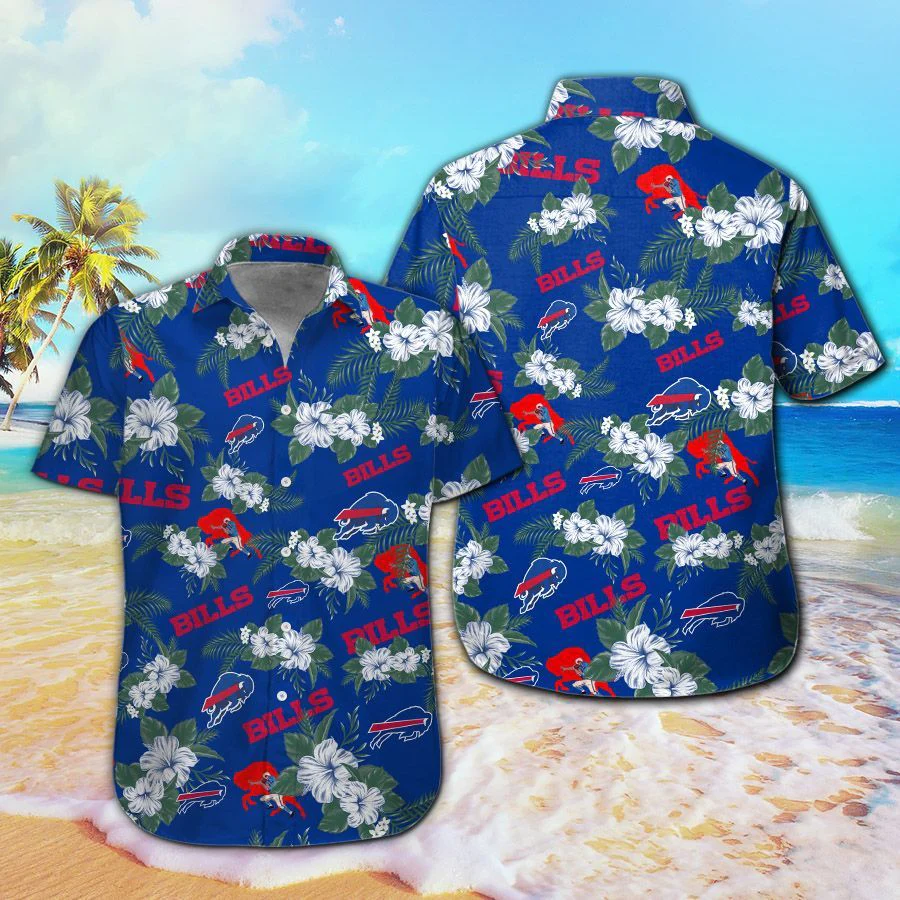 Buffalo Bills Trendy Hawaiian Shirt Buffalo Bills White Hibiscus Flowers Blue Hawaii Shirt Buffalo Bills Aloha Shirt
