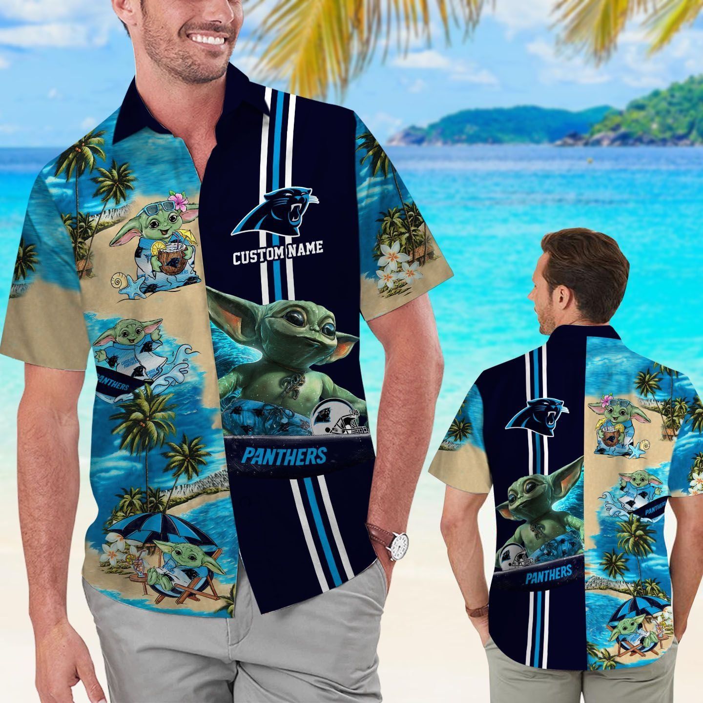 Carolina Panthers Baby Yoda Name Personalized Short Sleeve Tropical Hawaiian Shirt