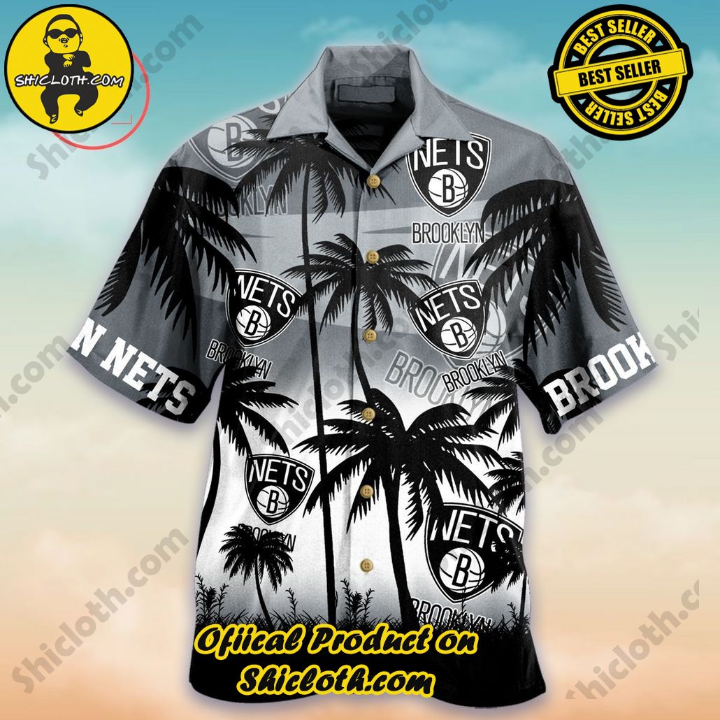 NBA Brooklyn Nets Black Gray Palm Trees Hawaiian Shirt