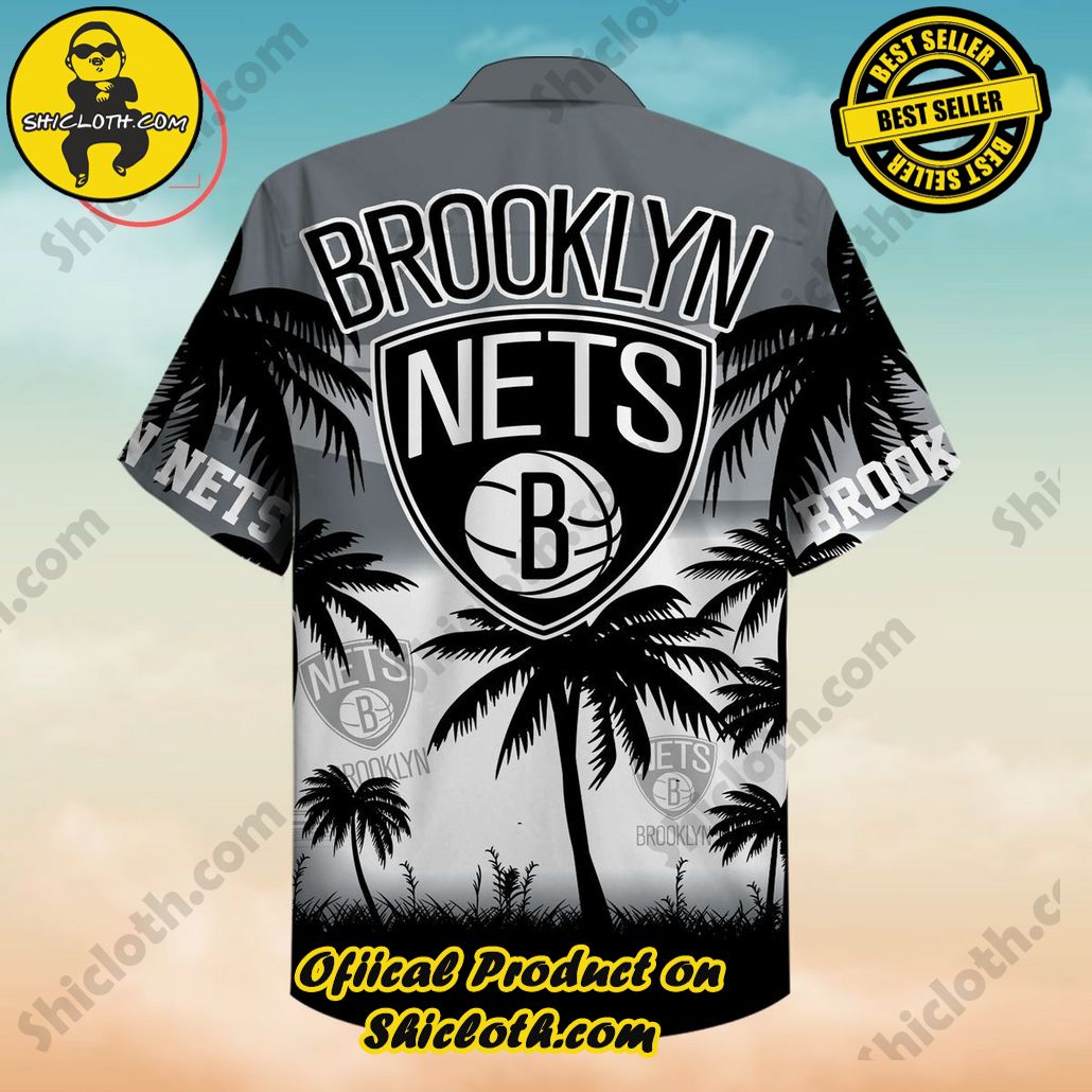 NBA Brooklyn Nets Black Gray Palm Trees Trendy Hawaiian Shirt Aloha Shirt NBA Brooklyn Nets Black Gray Palm Trees Trendy Hawaiian Shirt Aloha Shirt