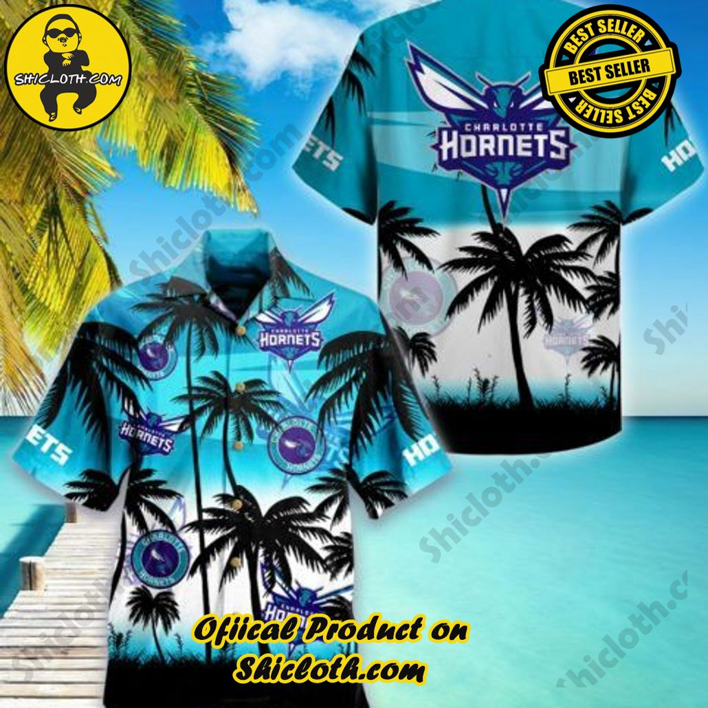 NBA Charlotte Hornets Black Teal Palm Trees Beach Hawaiian Shirt