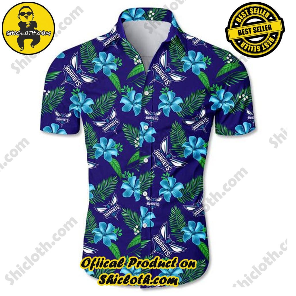 NBA Charlotte Hornets Teal Hibiscus Dark Purple Hawaiian Shirt