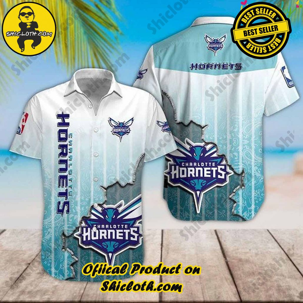 NBA Charlotte Hornets White Teal Scratch Hawaiian Shirt