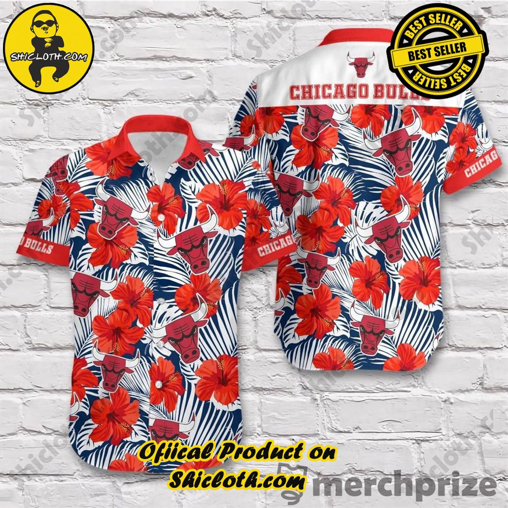 NBA Chicago Bulls Red Tropical Hibiscus Flowers Trendy Hawaiian Shirt Aloha Shirt