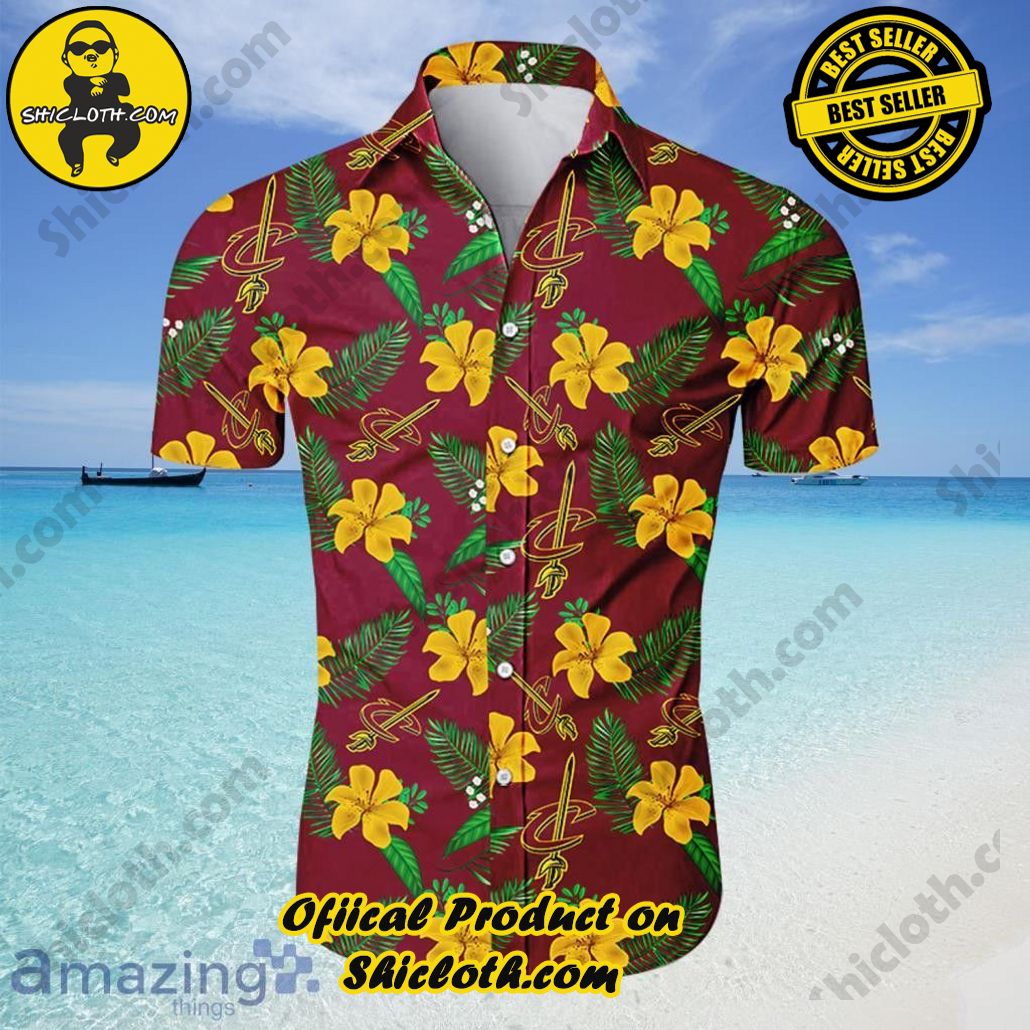 NBA Cleveland Cavaliers Gold Wine Tropical Flowers Trendy Hawaiian Shirt Aloha Shirt