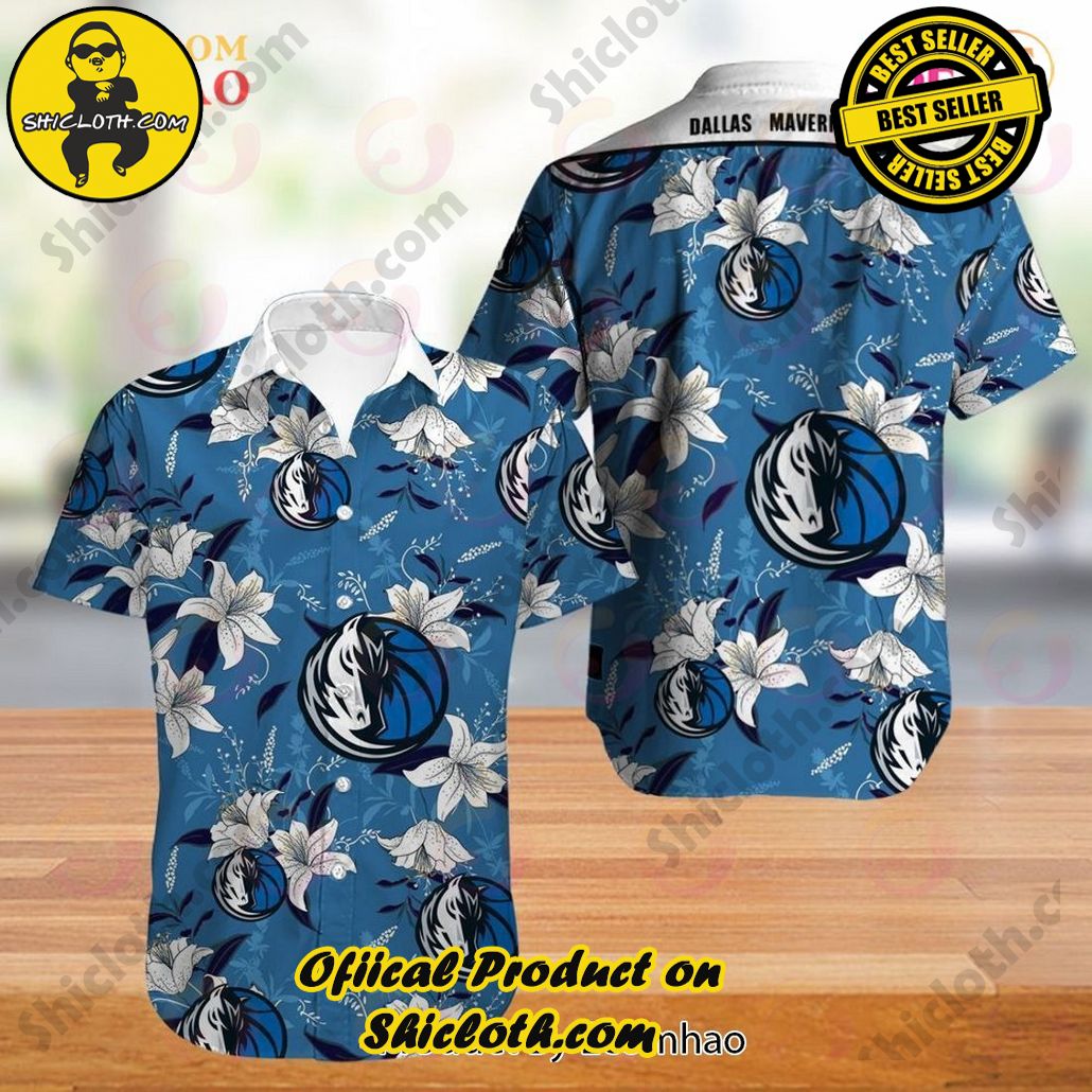 NBA Dallas Mavericks White Blue Lily Flowers Trendy Hawaiian Shirt Aloha Shirt