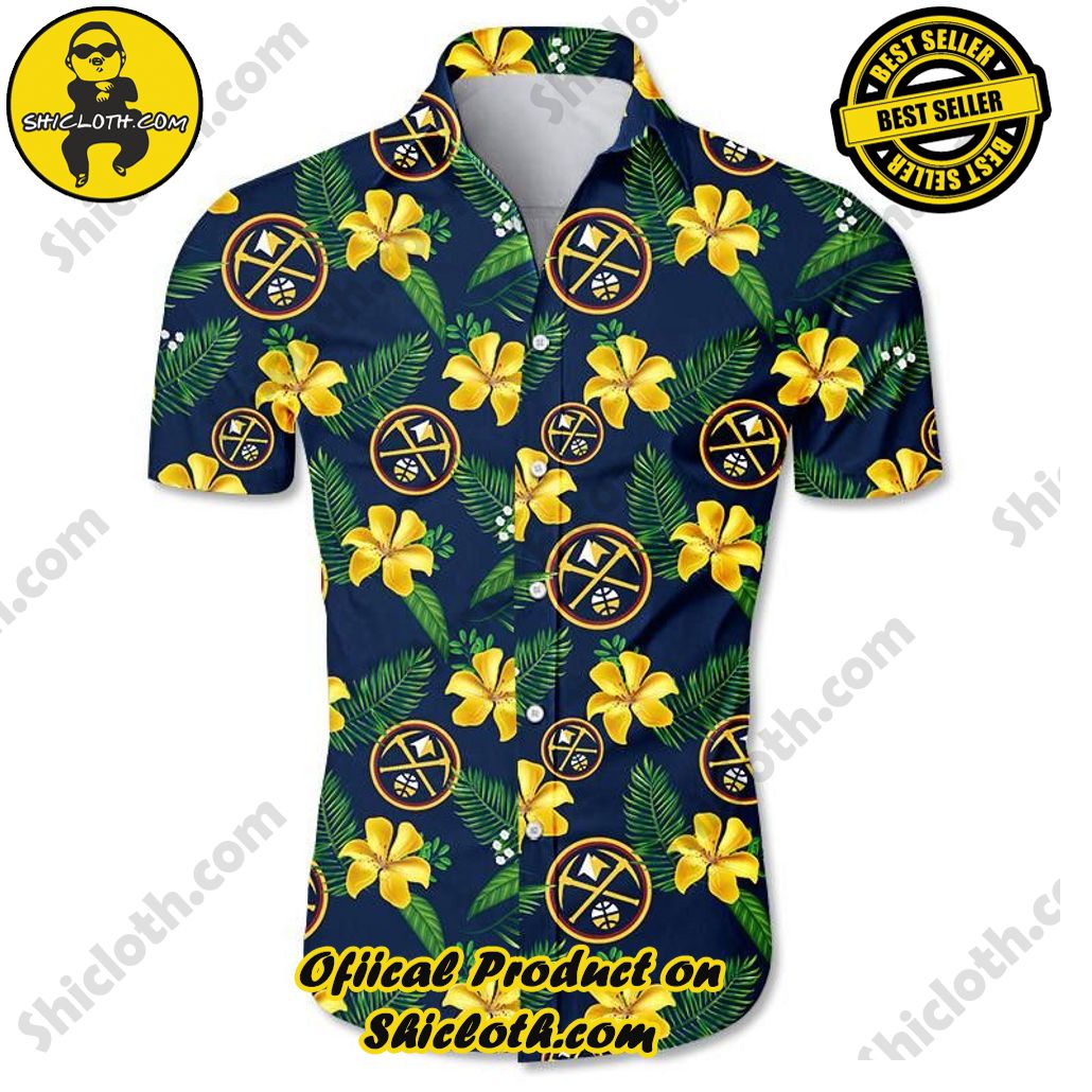 NBA Denver Nuggets Yellow Hibiscus Green Leaves Trendy Hawaiian Shirt Aloha Shirt