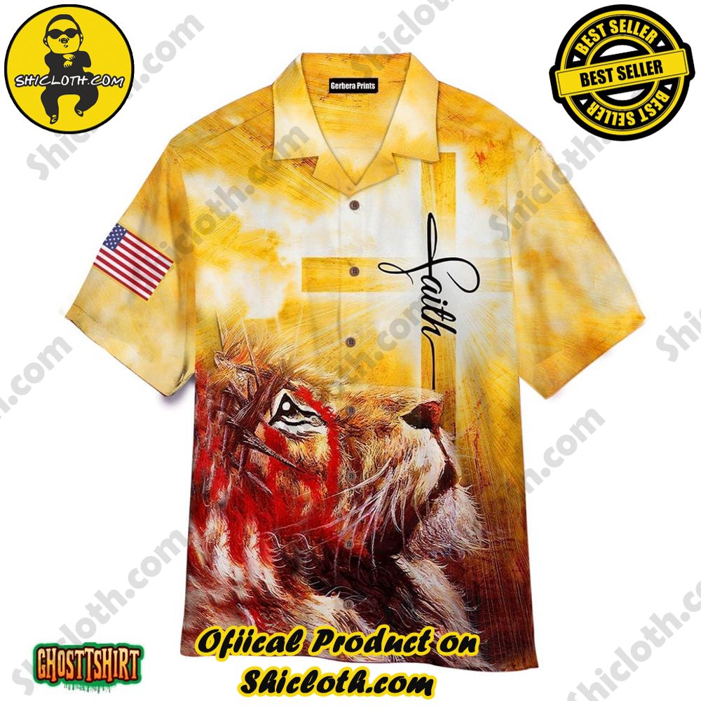 American Flag And Jesus Lion White And Yellow Aloha Hawaiian Shirt