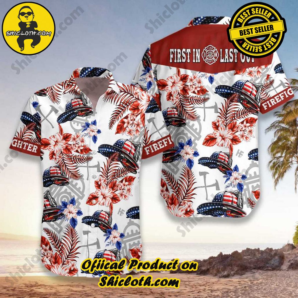 American Flag Firefighter Helmet Seamless Firefighter Hawaiian Shirt