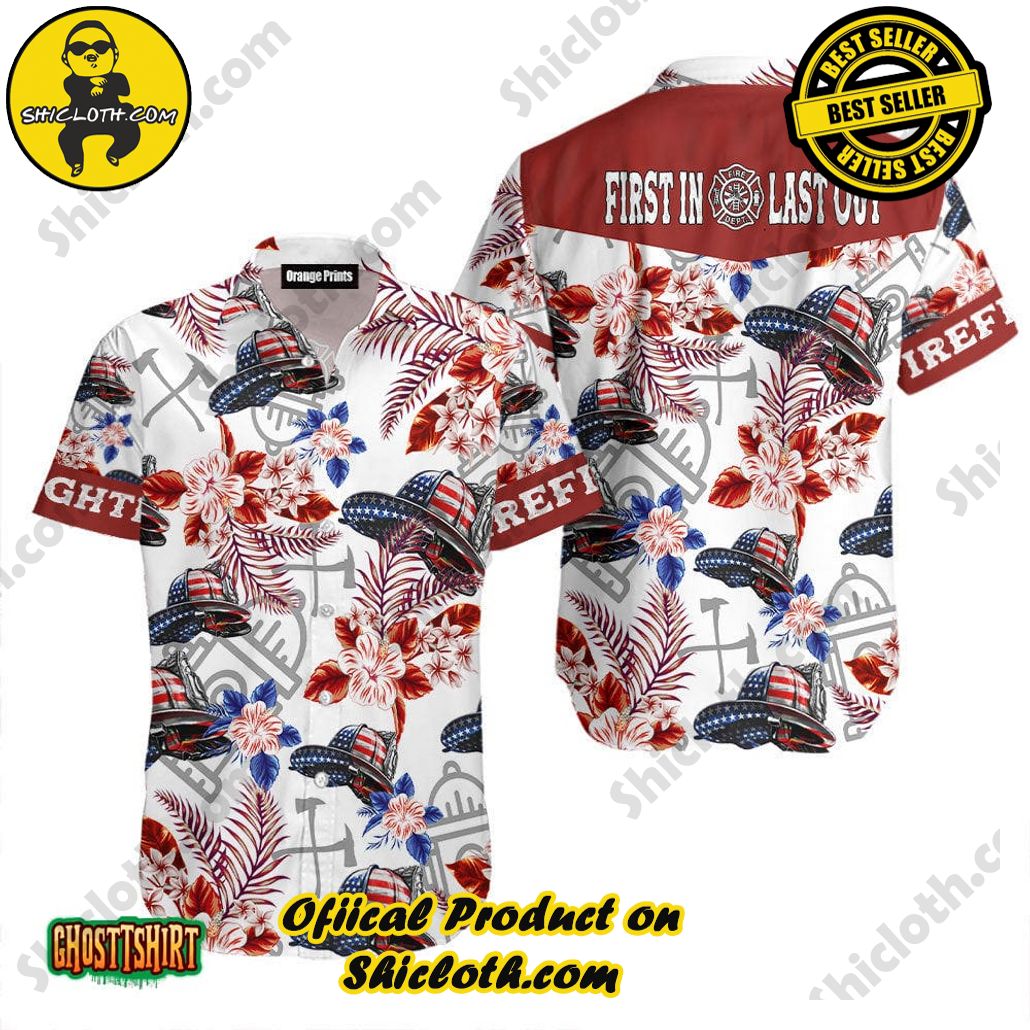 American Flag Helmet Firefighter Seamless Aloha Hawaiian Shirt