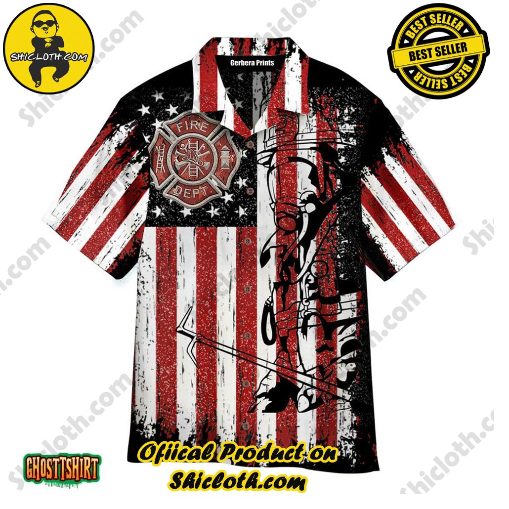 American Flag With Firefighter Unisex Red Aloha Hawaiian Shirt