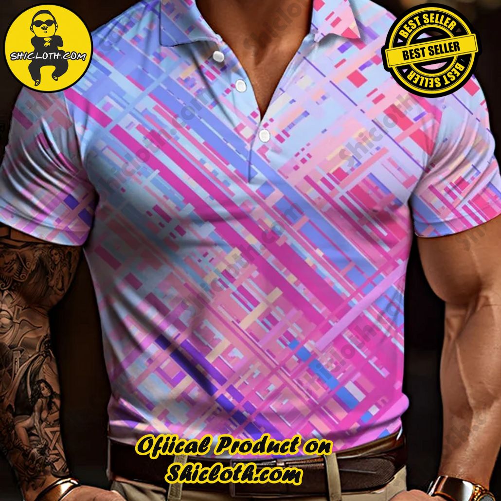 Blue-Violet Abstract Plaid Stacked Pattern Printing Short Sleeve Polo